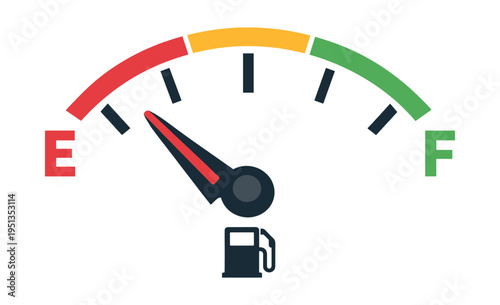 Fuel gauge reaching the empty mark with a gas pump icon, signaling low fuel and the need to refuel soon