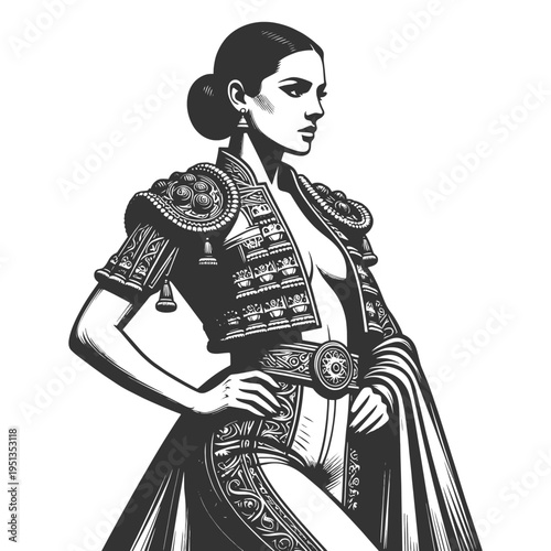 confident woman wearing a decorative matador-inspired outfit, culture, tradition, strength, and elegance sketch engraving generative ai vector illustration. Scratch board imitation. Black and white.