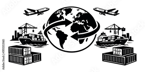 Planet Earth at the center, surrounded by planes, cargo ships, cranes, and containers, representing international shipping and supply chain