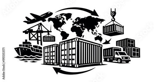 Global logistics concept illustrating worldwide shipping and trade with various transport methods and containers around a world map