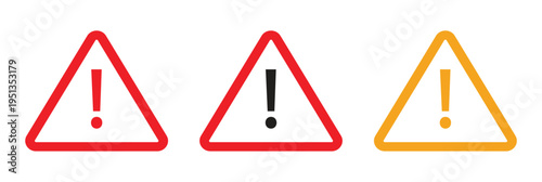 Warning Triangle Icon Set with Exclamation Mark in Red Yellow and Black Colors