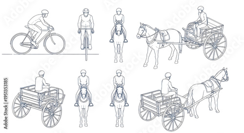Human Transport AutoCAD Blueprint Vector – Cyclist Horse Rider Cart Multiview Technical Drawing
