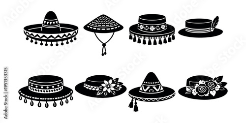 Stylized black and white illustration presenting a variety of traditional and fashionable hats from around the world