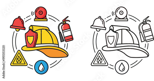 Fire safety concept with firefighter helmet, extinguisher and bell, color and outline coloring page vector.