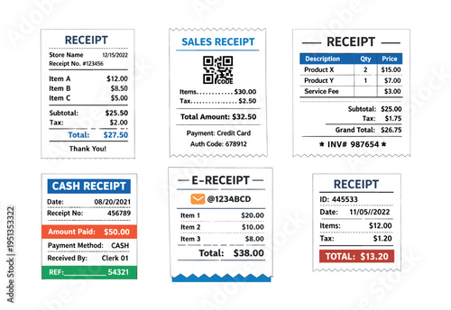 Set of different paper and e-receipts tracking sales, purchases, taxes, and payment methods for financial management