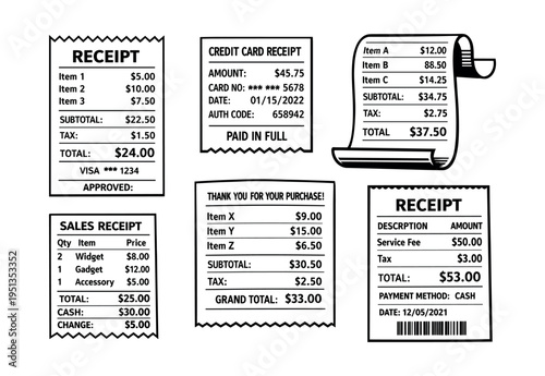 Collection of different monochrome receipts with purchase details, tax, total, and payment methods for shopping and budgeting