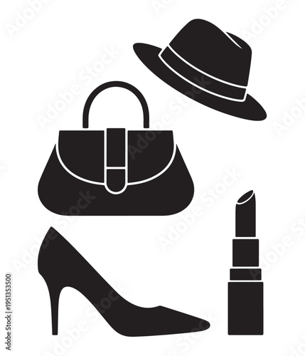 Fashionable accessories silhouette: handbag, high heel shoe, fedora hat, and lipstick.