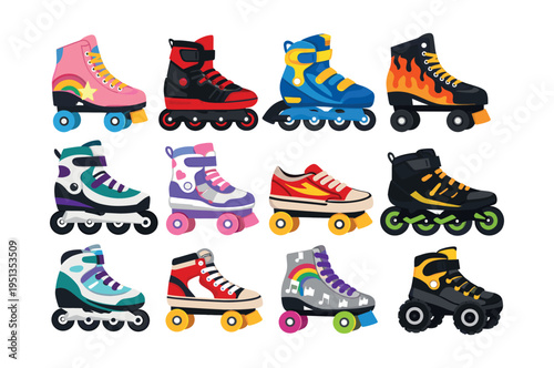 Vibrant assortment of roller skates, inline skates, and quad skates artwork, depicting enjoyment, pastime, and physical well-being