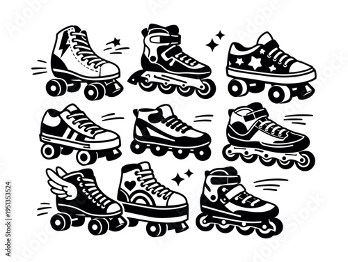 Various roller skates and inline skates designs featuring quad and inline models, expressing retro style and modern sportswear