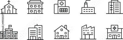 Collection of diverse building icons including a church hospital factory and residential skyscrapers isolated on transparent background