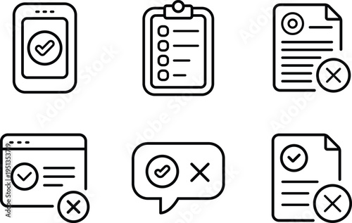Set of six simple line art icons representing verification approval disapproval checklist and notifications isolated on transparent background