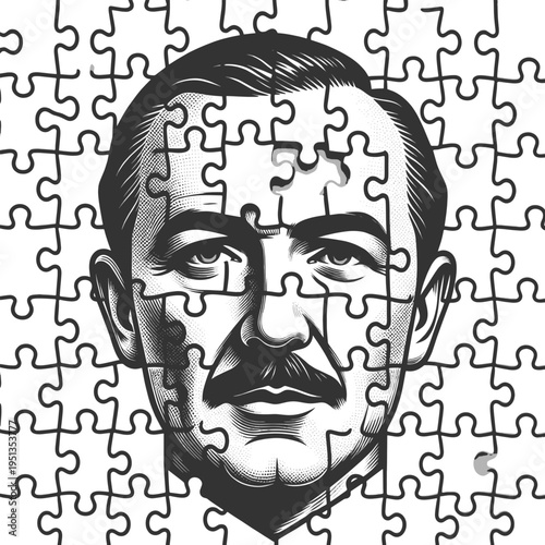 human face composed of puzzle pieces, identity, psychology, complexity, mental health concepts sketch engraving generative ai fictional character vector illustration. Scratch board. Black and white.