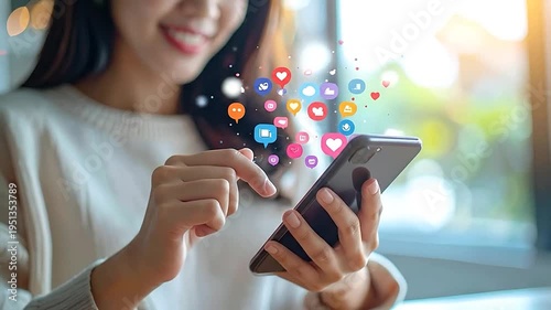A smiling woman interacts with her smartphone, surrounded by floating social