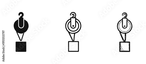 Pulley system lifting block icon set. Mechanical advantage symbol. Simple machine vector illustration.