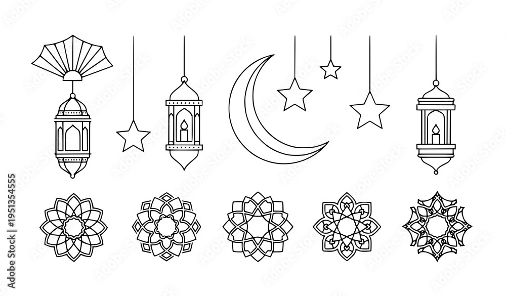 Fototapeta premium Ramadan Line Art Decoration Lantern Crescent Star Vector