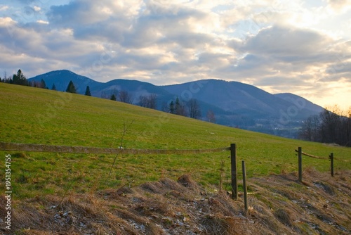 Spring on the pastures in Celadna in the Beskydy Mountains.