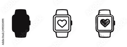 Smartwatch with heart icon set. Wearable technology, health tracking, fitness watch, and heart rate monitor symbol in various styles.