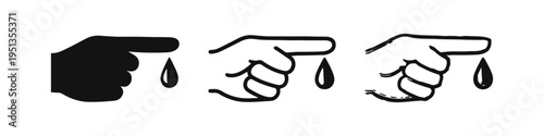 Hand with blood drop icon set. Blood test, donation, glucose level, and medical diagnostic symbol in solid, outline, and hand-drawn styles.