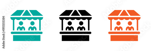 Colorful ticket booths with people inside