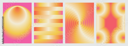 Abstract gradient background set with geometric shapes, circles, stripes and radial waves. Chromatic minimalist posters and social media templates collection