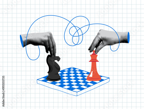 Chess game. Modern collage with chessboard, chess pieces and halftone hands. Concept of strategy, intelligence and leadership. Hands tied with thread. Business competition. Difficult relationships
