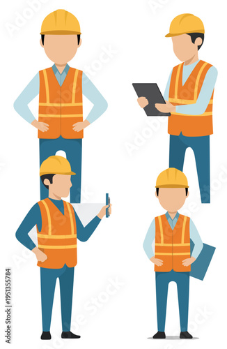 Construction engineer character set, foreman illustrations in various poses, wearing safety helmet and vest, building, construction site, planning, supervision, worker actions, professional vector 