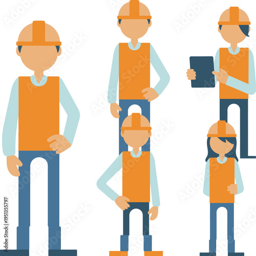 Construction foreman character icons, engineer in multiple poses, safety helmet, high-visibility vest, building site activities, planning, supervision, work tasks, construction crew, and vector