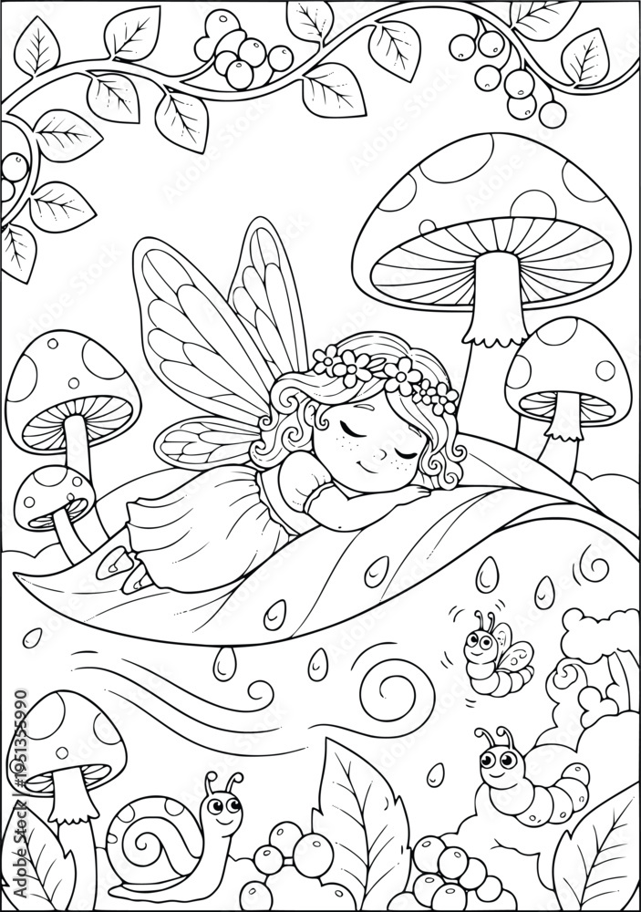 Fototapeta premium Coloring page of a cute fairy sleeping on a leaf in a magic forest with mushrooms