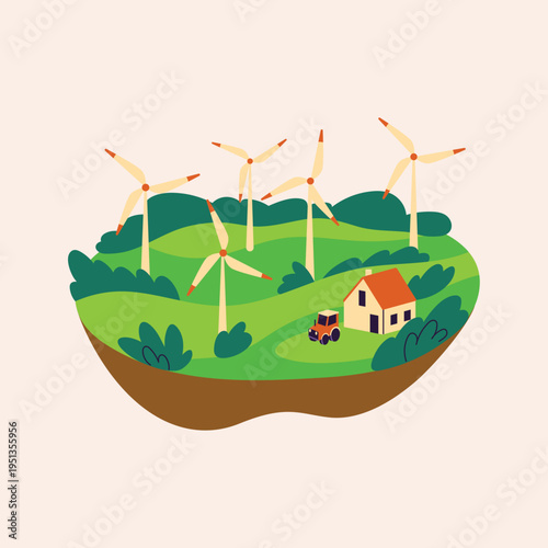Green energy landscape illustration featuring modern wind turbines, a charming rural house, and a tractor, symbolizing sustainable living and environmental harmony and progress