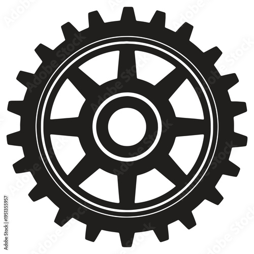Large black gearwheel with toothed edge and circular center isolated on transparent background finish