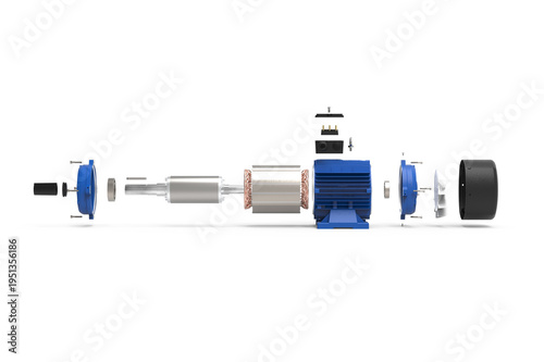 A detailed 3D rendering of an exploded electric motor assembly, showing all internal components aligned along the central axis. The illustration includes the rotor, stator, shaft, bearings, end covers