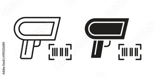 Scanner gun icon set. outlined and solid flat clipart versions.