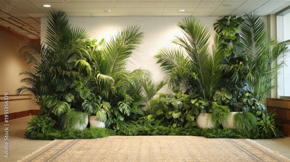Fototapeta premium Potted palm and tropical foliage arranged along corridor wall