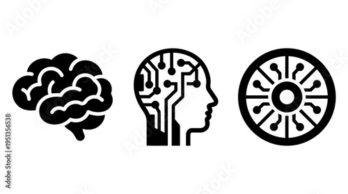 Artificial intelligence symbols brain, head, and core