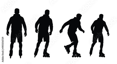 Four men inline skating in various poses a striking black silhouette