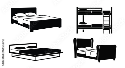 Various bed designs in a simple black and white silhouette