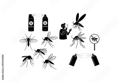 Insect Repellent Bottles and Mosquito Silhouette Set for Summer Protection

