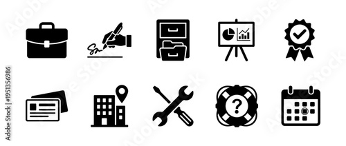 Business management and corporate services solid icon set. Includes briefcase, signature, filing cabinet, data charts, award ribbon, office location, and tools.