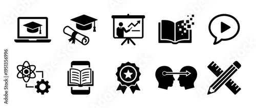 Education and e-learning solid icon set. Features symbols for online graduation, digital books, STEM learning, and academic certificates. Solid vector icons for school websites and training platforms.