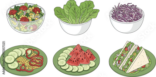 Vector illustration of assorted healthy food bowls and plates with fresh vegetables, fruits, and sandwiches, representing nutrition, wellness, diet, 