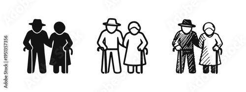 Elderly Couple Icon Set with Walking Sticks for Senior Care and Retirement