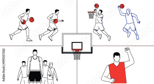Basketball player action poses line icon set with dribbling running dunking celebrating athletes and hoop court sports training vector illustration collection