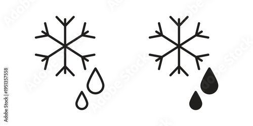 Snowflake droplets icon set. outlined and solid flat clipart versions.