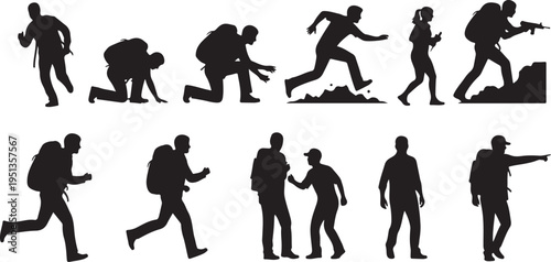 Silhouettes of people running, fighting, and working together outdoors