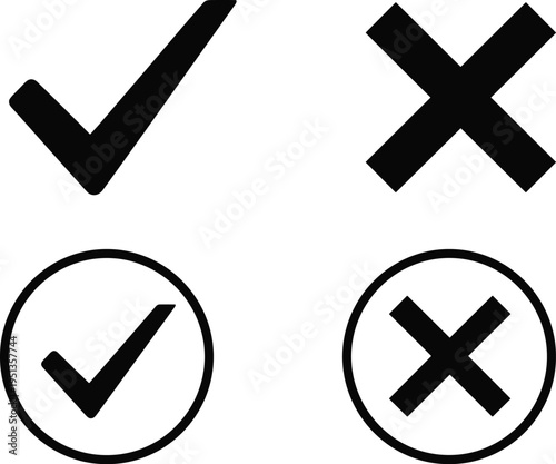 Check mark and cross icon set with approve and reject symbols in circle outline minimal vector interface confirmation validation signs