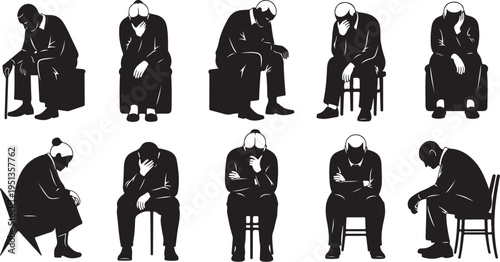 Silhouettes of people sitting in various poses and chairs