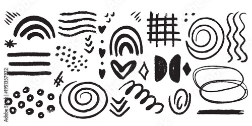 Vintage textured abstract hand drawn elements. Grunge symbols, lines, waves, and circles. Vector graphics