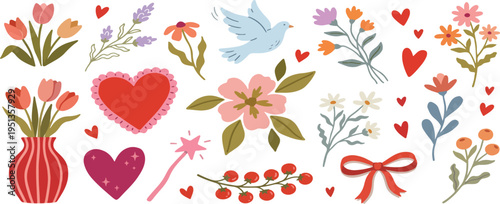 Vector hand drawn whimsical illustrations in doodle sketch style, flowers and hearts, love and floral theme, wedding cards, invitations and stationery