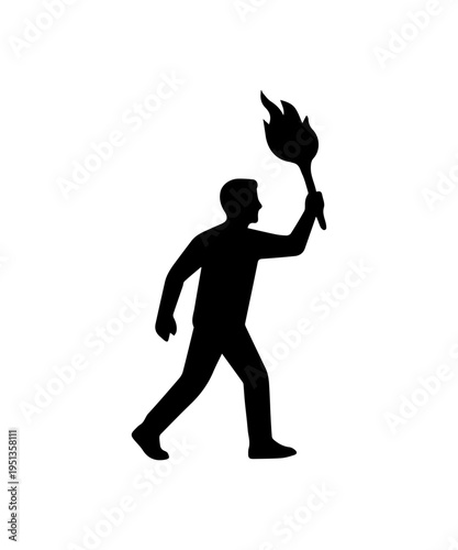 Man holding blazing torch walking forward silhouette