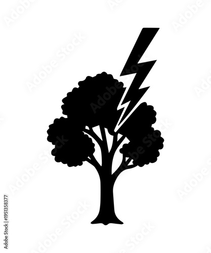 Tree silhouette with lightning bolt striking illustration